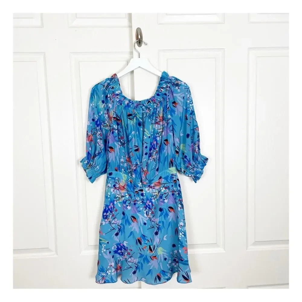 Saloni Grace Floral Blue Bell Off Shoulder Silk Dress Lined